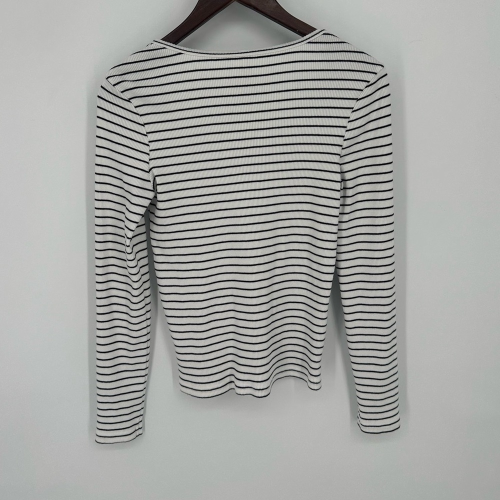 Pact Favorite Rib Henley Long Sleeve Top Size Medium White Black Striped Shirt - Picture 5 of 11